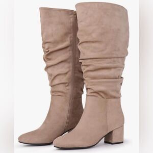 Elegant Beige Slouchy Heeled Boots- wide calf